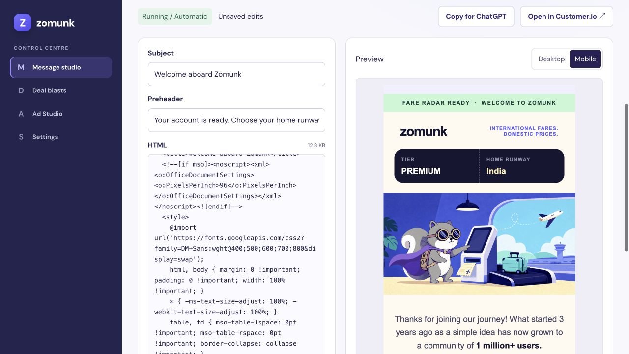 Email control panel with an HTML editor and desktop and mobile preview controls