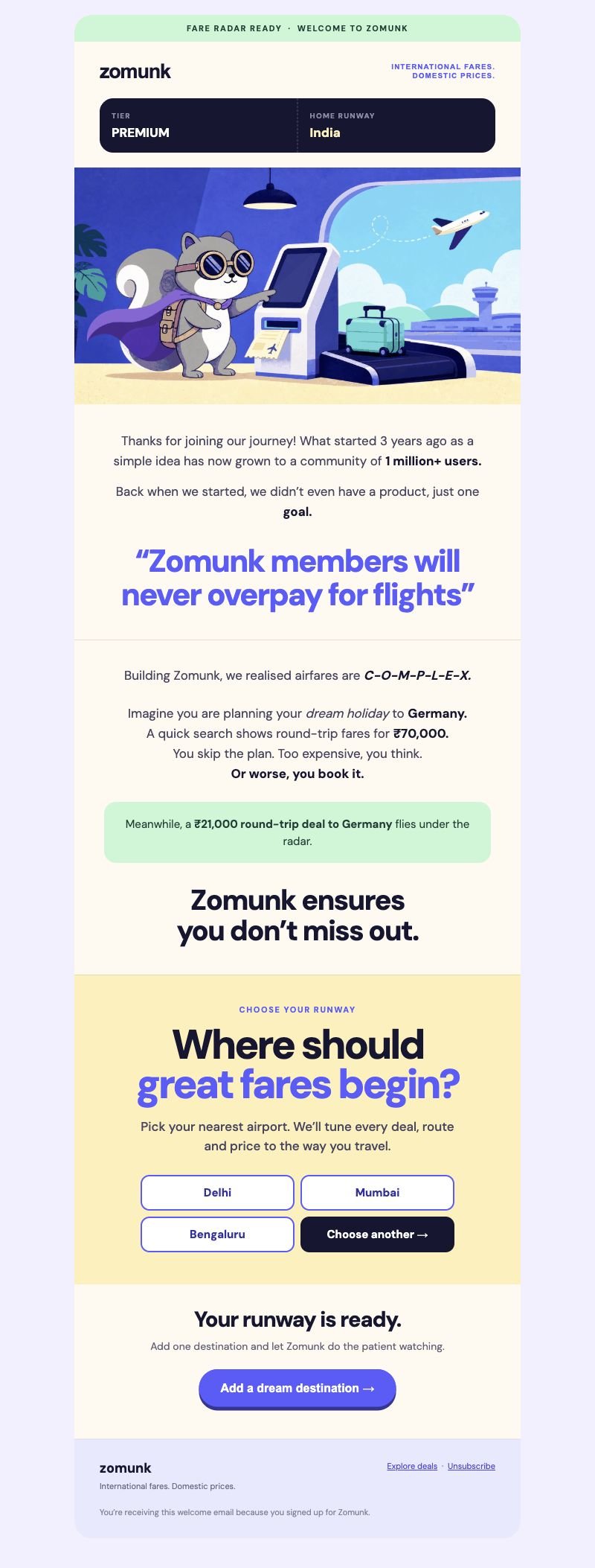 Example welcome email with a branded layout, illustration and clear calls to action
